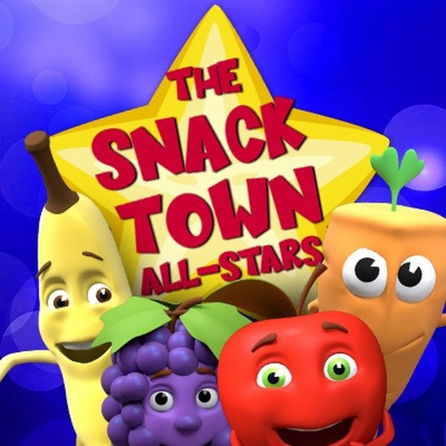 Los Snack Town All-Stars: Banana, Grape, Apple y Carrot frente a su logo en forma de estrella
